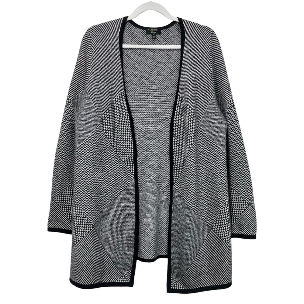 Charter Club Women Large‎ 100% Cashmere Luxury Black & White Open Front Cardigan